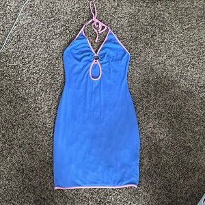 Halter top blue summer dress with pink lining. GENTLY WORE.